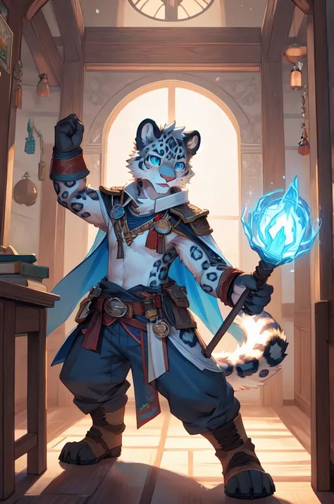 A young male snow leopard , white fur with black spots, icy blue golden eyes, wearing a flowing white cape, holding an staff glowing with cold energy, standing confidently inside an adventurer’s guild, wooden interior, fantasy anime style, ultra-detailed, ...