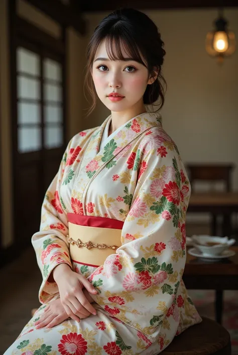 best quality, masterpiece, super high resolution, beautiful Japanese girl, Kind Face, green eyes, kind smile, Curvy Body, big boobs, updo brown hair, Japanese female Cloth Outfit, Japanese kimono, In Old Japanese-style Room, night:1.2,