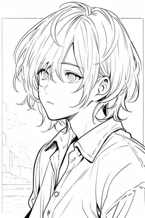 lineart, monochrome, Granblue Fantasy style, 
(1man), 25 years old, {{hair above left eye}}, cold eyes, wide-eyed, expressionless, {{{pixie cut}}}, white hair, dress shirt, very detailed , {{{Masterpiece}}}, {{{Top quality}}}, {{Very detailed}}, {Illustrat...