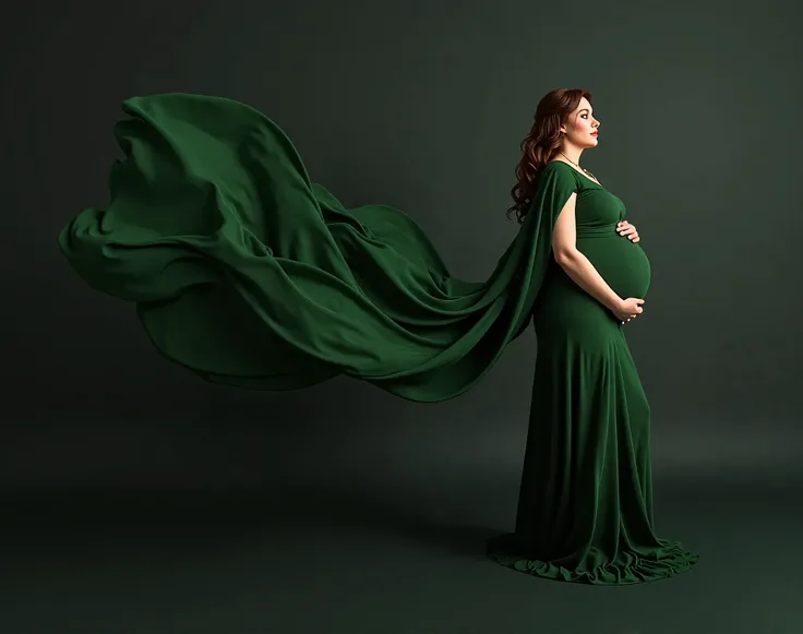 pregnant woman in green dress with flowing green fabric in studio, a portrait by Bernardino Mei, trending on cg society, art photography, full body green dress, full body photoshoot, draped in fleshy green and pink, with a green cloak, draped in flowing fa...