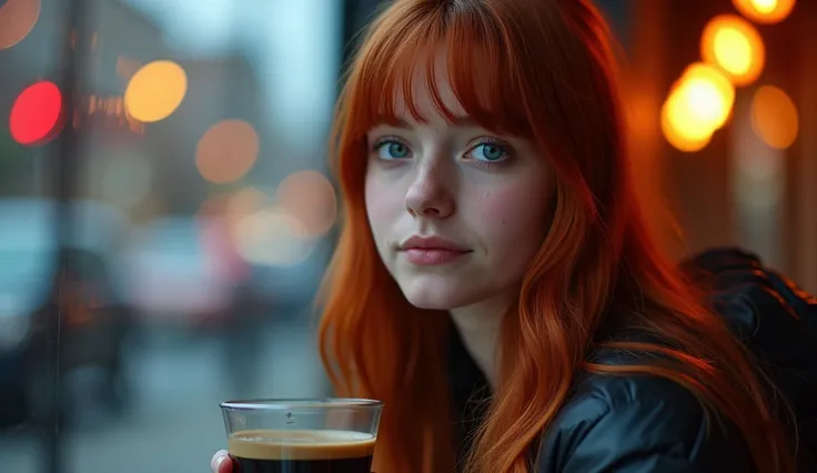 18 year old girl with straight red hair big blue eyes, girl sitting inside drinking coffee, camera outside, she is behind the window, behind the glass, rgb lights colors, traffic lights colors, traffic lights reflection on the window, long hair, 1girl, thr...