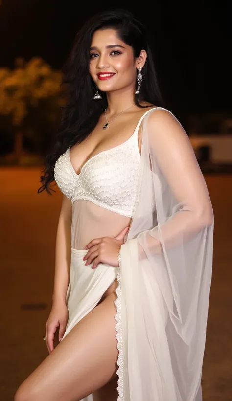 full body,front view,big boobs,under boobs,cleavage,indian,standing position,  A white off-shoulder asymmetrical dress with thigh-high slit ,ring navel,body facing to camera,smile,night,red lipstick,full jewellery on her body