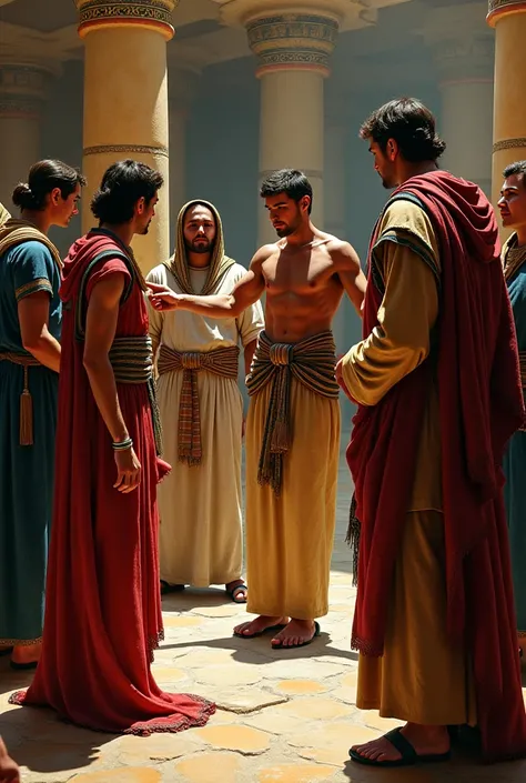  Potiphar's wife, an Egyptian general holding Joseph's robe.,  falsely accusing him before Potiphar and the servants . Joseph is arrested ,  with chains on the wrists , , while Potiphar, an Egyptian general, looks suspiciously at .