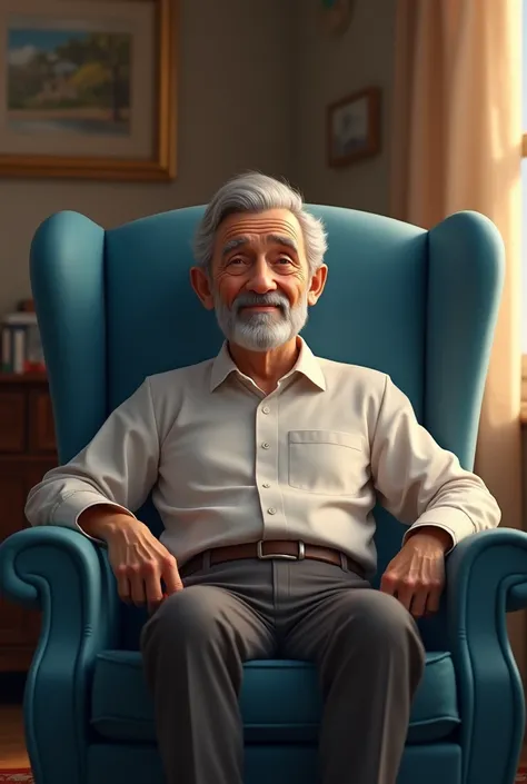 A picture of a grandfather sitting on a blue chair 