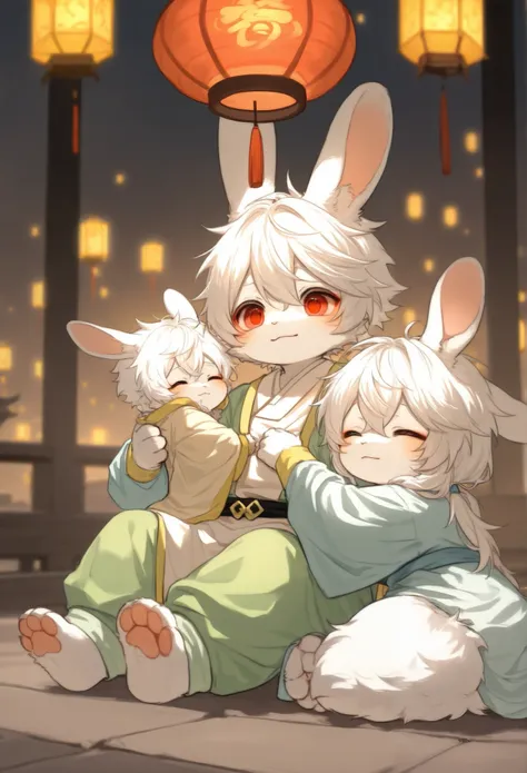 Dwarf rabbit boy ，furry boy with white hair，toddler，Hanfu，lantern