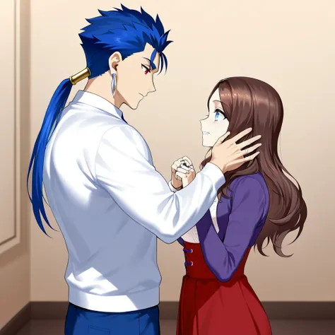 Cu_Chulainn(fate), blue_hair, Leonardo_da_vinci(Fate), Brown_hair, Blue_eyes, 1boy, 1girl, standing, Windows, proposal, ring