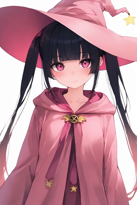 look straight ahead,woman,girl,small nose,twin tails,blunt bangs,confident look,pink witch robe,pink witch hat,no background,pink eyes,black hair,pink gradient hair,standing