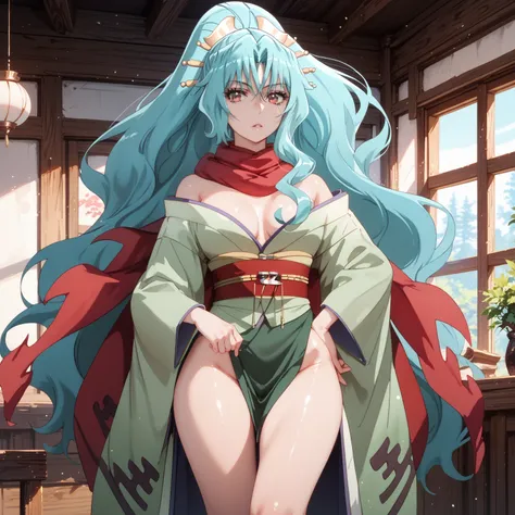 TOMOE ,RED SCARF, Green kimono, RED EYES, AQUA HAIR, Kimono with open shoulders, bare hips, thigh gap, glossy skin, glistening skin, looking at viewer, Tempting body,