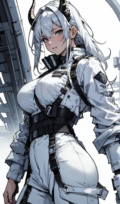 Ultra-detailed，high resolution，Ultra-detailed，Best quality，amazing，quality，Extremely detailed CG unified 8k wallpaper，pure white background，Single role，Draw a female character，24 years old mature，Wearing a white military uniform，big breast , big ass，silver...