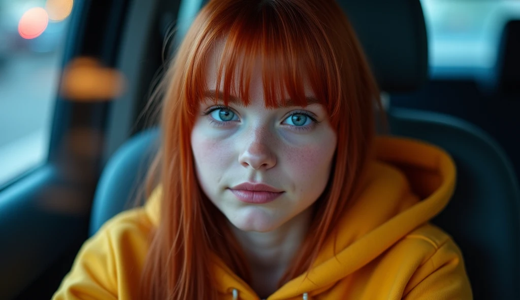 18 year old girl with straight red hair big blue eyes, girl is sitting inside, camera outside, she is behind the window, behind the glass, rgb lights colors, traffic lights colors, traffic lights reflection on the window, long hair, 1girl, three-quarter pr...