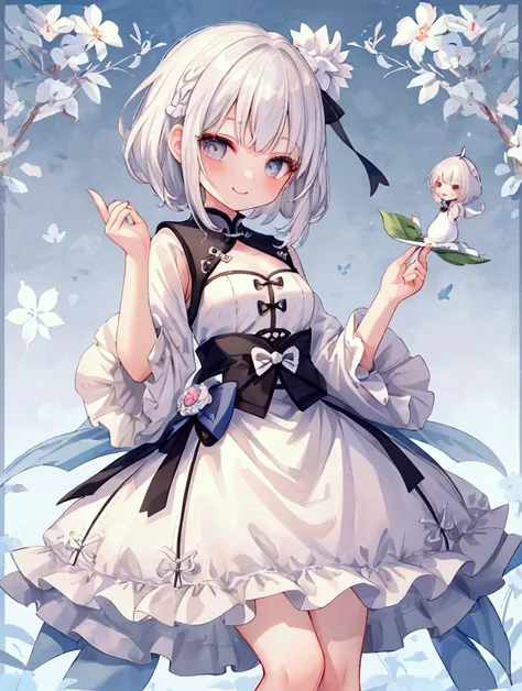  white hair、Gray Hair、 beautiful girl、cute frilly clothes、 white skin、Transparency、 cute、 cute、 girl、 adorable by design、 slender、 Slim、 high image quality、4ｋ、 medium hair、Princess、可 adorable by design、lure、smile、 happy、 spoiled expression、Chinese style ba...