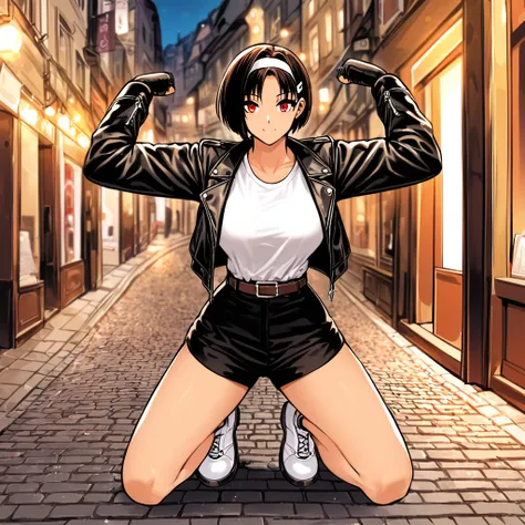 score_9, score_8_up, score_7_up,source_anime,1girl,solo,short cut light black hair, pin in hair clip, (flirty eyes), red eyes, brown skin, half closed eyes, voluptuous, BREAK, crouched on cobbles with legs together, closed smile, outdoors, (( black leather...