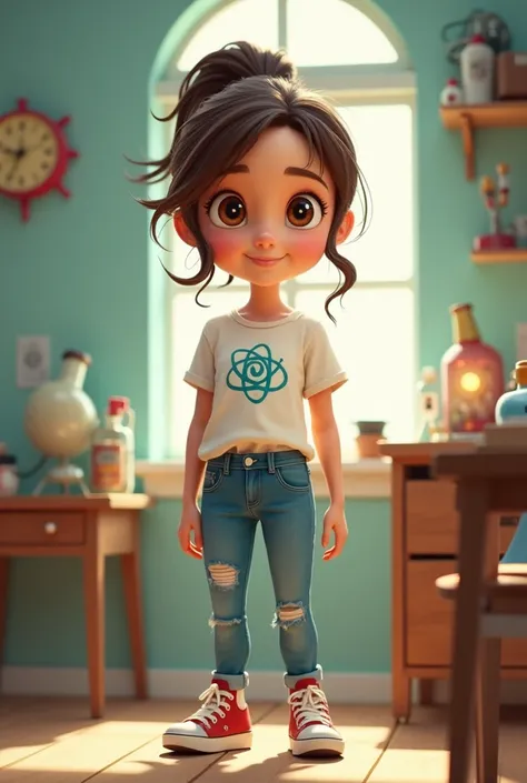 A girl who looks like an inventor, looks brunette, ties her hair, has a science symbol on her chest, wears jeans, sneakers, asks for a cartoon image.