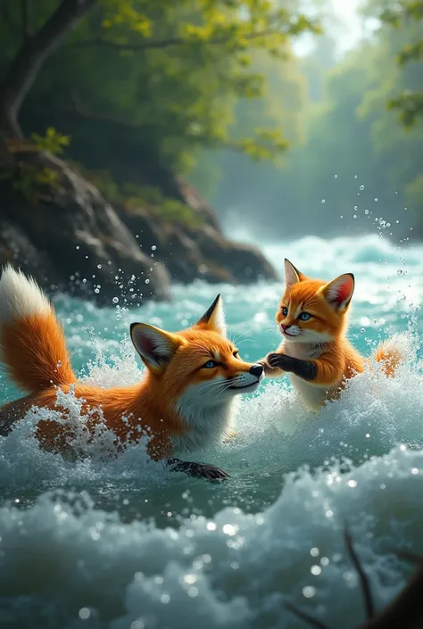 A kitten saves a fox in the river