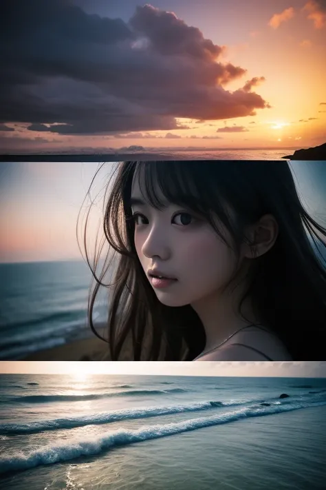   high quality、  8K ultra HD  、女神のシルエットとサンセットコーストを組み合わせた美しい   double exposure 、 The sunset coast acts as a backdrop 。、 。That detail was taken by the goddess 、Crisp lines、 The background is monochrome 、  sharp concentration 、   double exposure 、by yukisakur...