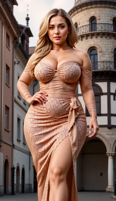 A stunning curvy model with wavy blonde braided hair, wearing an extravagant, vintage-inspired outfit that enhances her hourglass figure. She stands in front of a medieval tower in Rothenburg ob der Tauber, exuding grace and confidence. The intricate lace ...