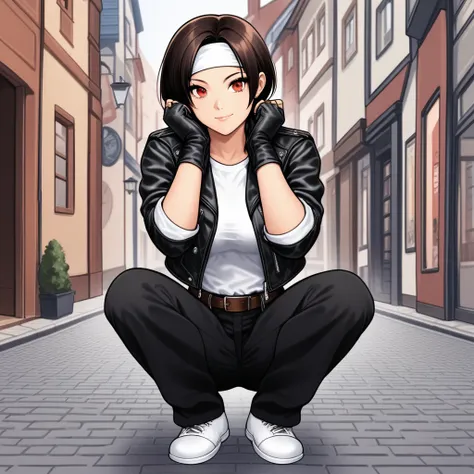 score_9, score_8_up, score_7_up,source_anime,1girl,solo,short cut light black hair, pin in hair clip, (flirty eyes), red eyes, brown skin, half closed eyes, voluptuous, BREAK, crouched on cobbles with legs together, closed smile, outdoors, (( black leather...