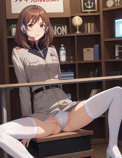 score_9,score_8_ up,score_7_ up.、 anime coloring  ,tv set_anchor , One girl ,table, sitting, 、  Source Anime  、  1 girl、、Alone、,indoor, Noel Anderson 、 Shorthair、 brown hair 、 brown eyes,  headset、uniform、 gray jacket、 chest pocket 、Black belt、 Long Sleeve...