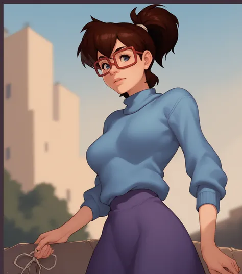 score_9, score_8_up, score_7_up,
irma, blue turtleneck sweater, long purple dress, medium breasts, outdoors, half body, red framed glasses, sneakers 