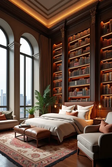 Generate for me the image of a hotel suite room with books 