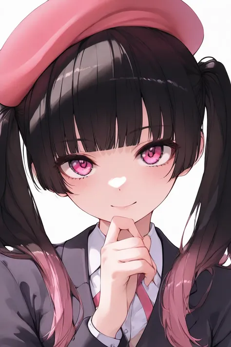 look straight ahead,woman,girl,small nose,twin tails,blunt bangs,confident look,pink and black blazer,pink beret,no background,pink eyes,black hair,pink gradient hair,standing