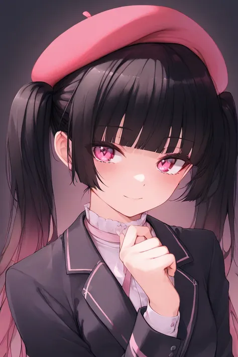 look straight ahead,woman,girl,small nose,twin tails,blunt bangs,confident look,pink and black blazer,pink beret,no background,pink eyes,black hair,pink gradient hair,standing