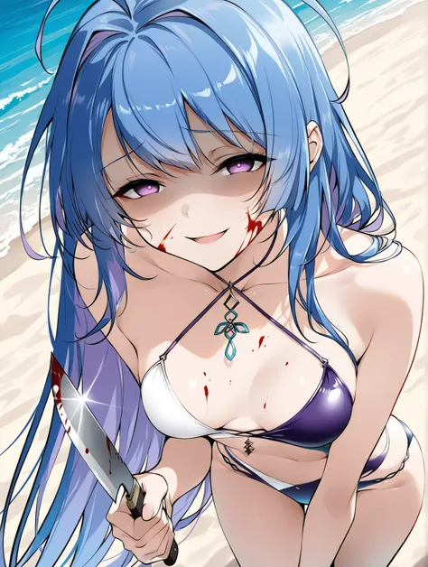 score_9, score_8_up, score_7_up, source_anime, 1girl, solo,upper body,close up,helena_(shimmering_triangle_wave)_(azur_lane),helena,small breast,blue hair,long hair,ahoge,purple eyes,swimsuit,multicolored swimsuit, BREAK
walking, evil smile, open mouth,emp...