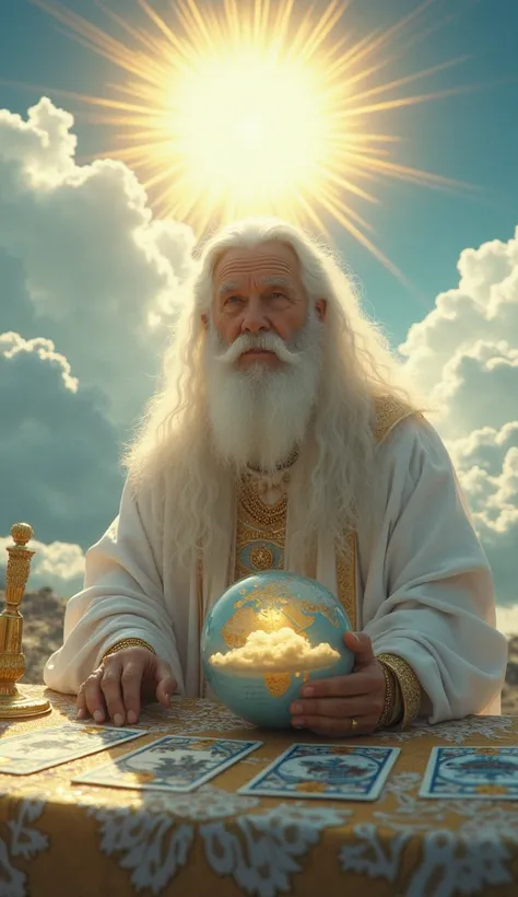  A heavenly and inspiring scene of an old woman with long white hair,  wearing a white tunic richly adorned with gold details  . She is on the table with several tarot cards while the sky is blue with white and gold clouds,  bathed by a radiant sun ,  crea...