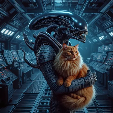 The perfect harmony dynamic duo The Xenomorph and Ripley plus the fluffy grumpy ginger Mainecoon Cat, at The Nostromo Cargo space ship bay, insanely detailed and intricate scene background, Don Lawrence Style