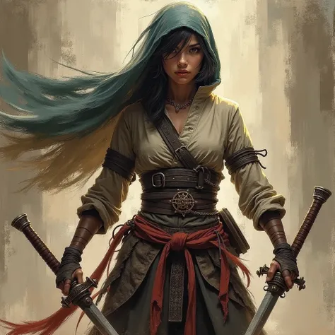 a woman holding two swords, cloth head cover, concept art, inspired by Rudy Siswanto, Sumatran Ronin, grungy woman, sumatran woman, guweiz masterpiece