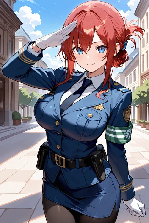 masterpiece, best quality, highres, aoi1, 1girl, solo, red hair, folded ponytail, blue eyes, skirt, necktie, white gloves, police uniform, belt, black pantyhose, jacket, armband, large breasts, cowboy shot, standing, smile, salute, outdoors,