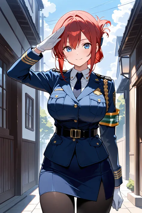 masterpiece, best quality, highres, aoi1, 1girl, solo, red hair, folded ponytail, blue eyes, skirt, necktie, white gloves, police uniform, belt, black pantyhose, jacket, armband, large breasts, cowboy shot, standing, smile, salute, outdoors,