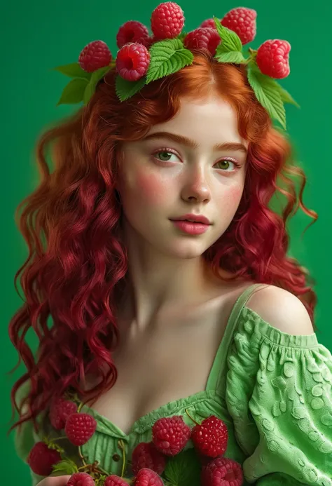 A young girl 18 years old, with wavy red hair styled to resemble a large bouquet of raspberries. She has a fair complexion and is wearing a red textured outfit. The background is a solid green color, enhancing the vibrant red of the raspberries that adorn ...