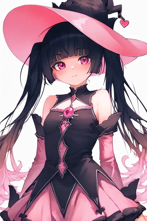 look straight ahead,woman,girl,small nose,twin tails,blunt bangs,confident look,pink and black magical girl outfit,pink and black witch hat,no background,pink eyes,black hair,pink gradient hair,standing