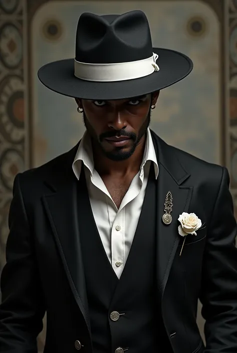 A scoundrel from Umbanda.  He wears a black Panama hat with the white ribbon, He wears a black and white suit .