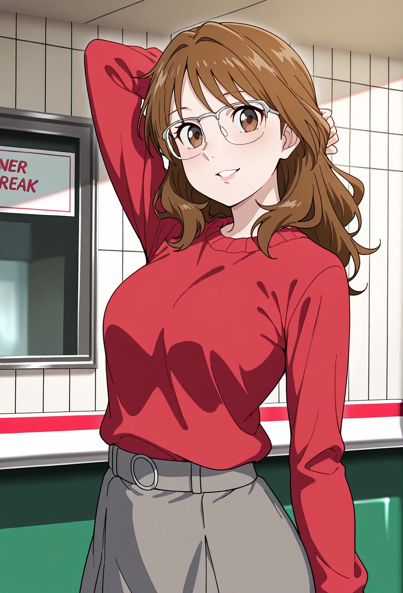 perfect quality, high quality, masterpiece, absolutely eye-catching BREAK
ipporeikomikami, long hair, brown hair, brown eyes, glasses, over-rim eyewear, red sweater tucked in, grey skirt BREAK
inside, diner, smiling, parted lips, looking at viewer, right a...