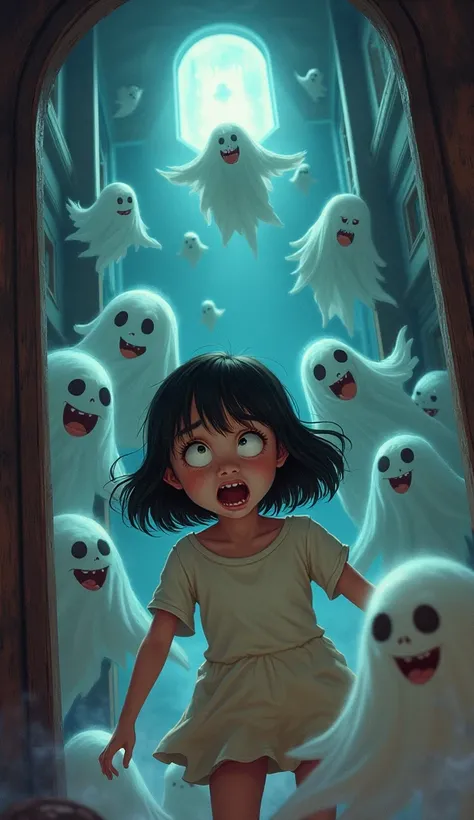 ( Inside the House of Terrible Fantasy:1.2), ( Funniest Ghosts :1.2), Anime, ( not human:1.2), (Inside the Maze :1.2)、The expression of a girl being frightened in the middle