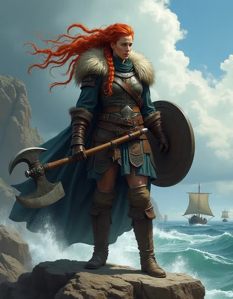 hyper realistic image of A fierce Viking warrior woman with fiery red braided hair, standing atop a rocky cliff; she is clad in weathered leather and steel armor, adorned with fur details, holding a large double-headed axe in one hand and a round shield in...