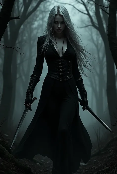 Create a female assassin, It&#39;s in a dark forest,  her white skin , his black eyes, And her black and white hair 