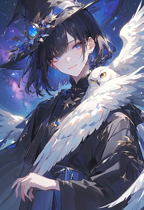 Alone,  handsome, 
1.  youth,
hime cut、short straight hair, short hair,  Straight Hair 、 black hair, 
 Blue Eyes, beautiful, beautiful,
black OVERsize パーカー,black robe、
 white skin, upper body、 smiles,  wizard hat, Milky Way、
star空、star、Embrace an owl、