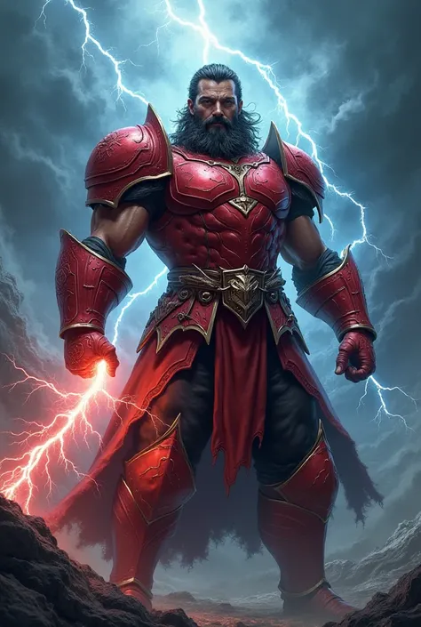 Man warrior dressed in red holding a lightning bolt