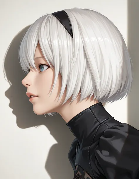 {(1 YoRha-woman-Type), (pale-off-white colored hair, short cut hair),(small Almond-shaped eyes:1.2),(attractive blue-gray eyes),(left-eye hidden by bangs),(slender body),captivating lips} 
BREAK {(Nier-Automata-2B costume),(black hairband)} 
BREAK {(sensua...