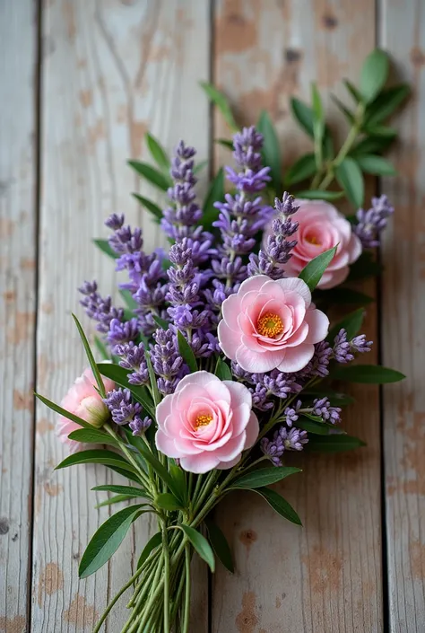 Generate a bouquet of small camellias,  lavender branches and blades of grass, LYING on a wooden background.