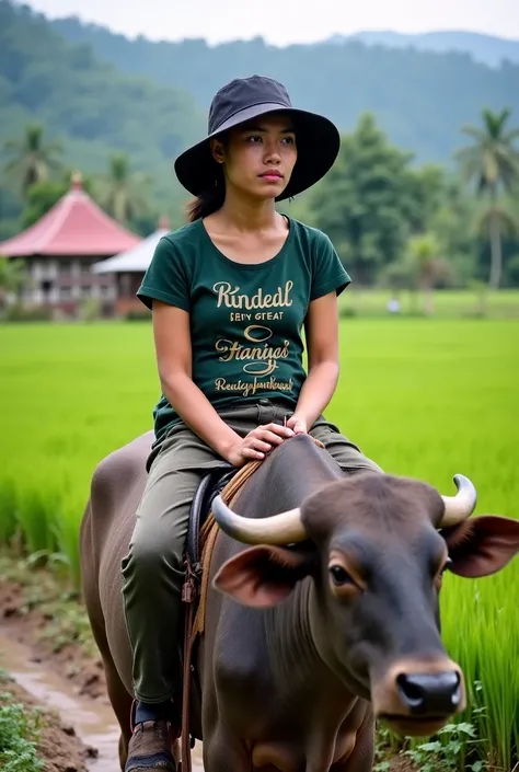  This photo shows the typical rural atmosphere of the Indonesian area , especially in a paddy field area .  The background is a green and lush rice field ,  with a mosque visible in the distance ,  shows a religious rural atmosphere .  Tropical forest and ...