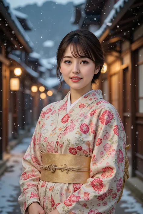 (((full body))), best quality, masterpiece, super high resolution, beautiful Japanese girl, Kind Face, green eyes, kind smile, Curvy Body, big boobs, updo brown hair, Japanese female Cloth Outfit, Japanese kimono, In Old Japanese-style street, snow, night:...