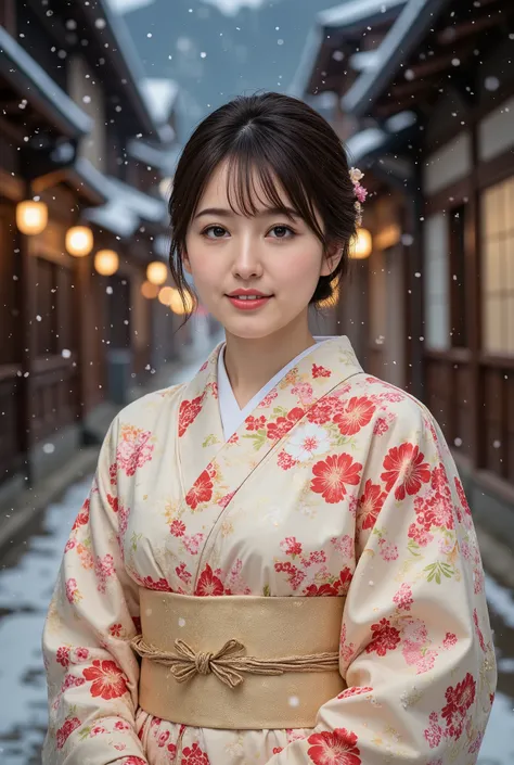 (((full body))), best quality, masterpiece, super high resolution, beautiful Japanese girl, Kind Face, green eyes, kind smile, Curvy Body, big boobs, updo brown hair, Japanese female Cloth Outfit, Japanese kimono, In Old Japanese-style street, snow, night:...