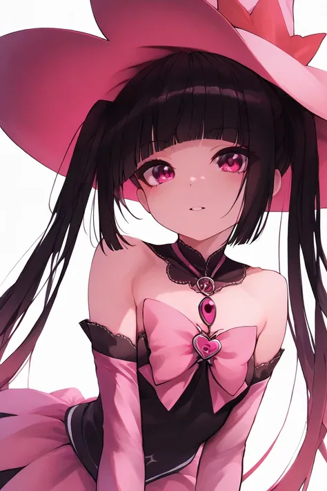 look straight ahead,woman,girl,small nose,twin tails,blunt bangs,confident look,pink and black magical girl outfit,pink witch hat,no background,pink eyes,black hair,pink gradient hair,standing