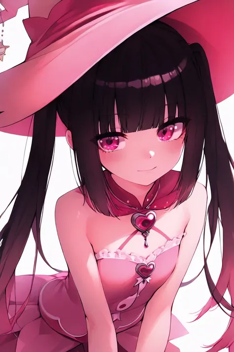 look straight ahead,woman,girl,small nose,twin tails,blunt bangs,confident look,pink and black magical girl outfit,pink witch hat,no background,pink eyes,black hair,pink gradient hair,standing