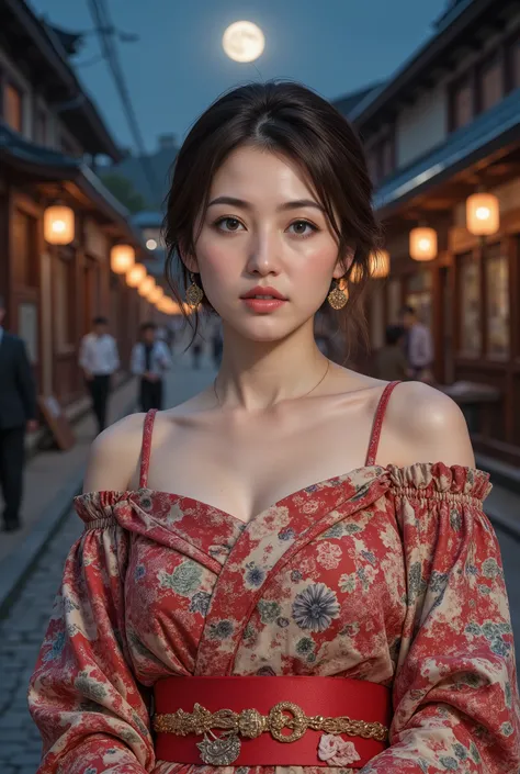 (((full body))), (((full body shot))), best quality, masterpiece, super high resolution, beautiful Japanese girl, Kind Face, green eyes, kind smile, Curvy Body, big boobs, updo brown hair, Japanese female Cloth Outfit, Japanese kimono, (((off shoulders:1.5...