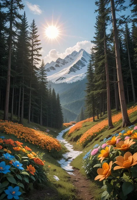    highdefinition images  ,  Colourful flowers and trees 々 々、    A mysterious forest with magical beings hidden in the branches  , 8k,  Fine orange flowers    ,   a forest believed to be inhabited by fairies  ,   Soft morning sun shines into the snowy moun...